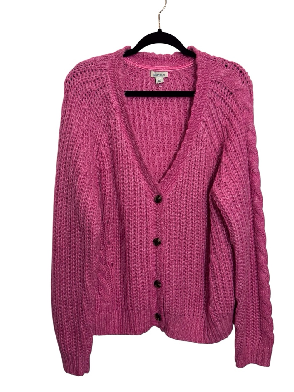 Sundance Size X-Large Pink Chunky Cable Knit Cardigan Sweater V-Neck Boho Cozy